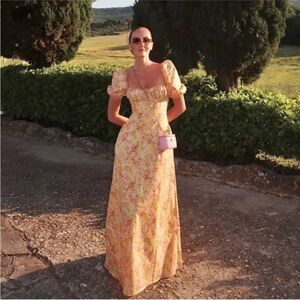 House of CB Floral Puff Sleeve Maxi Dress XS - Yellow